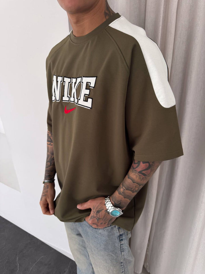 Men’s Oversized Olive Graphic T-Shirt with White Shoulder Panels