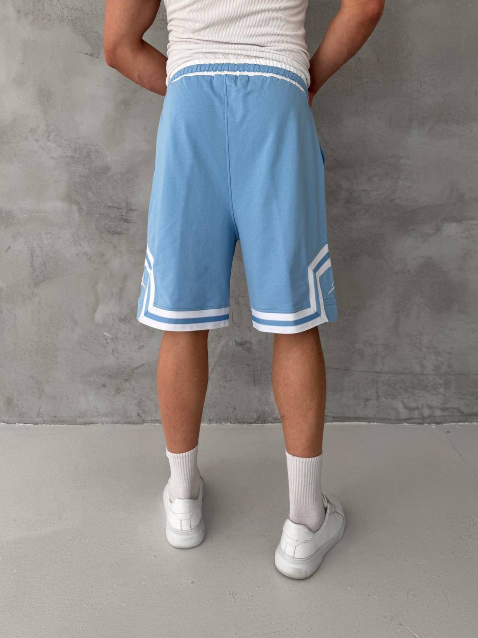 Sky Blue Basketball Shorts – White Geometric Trim