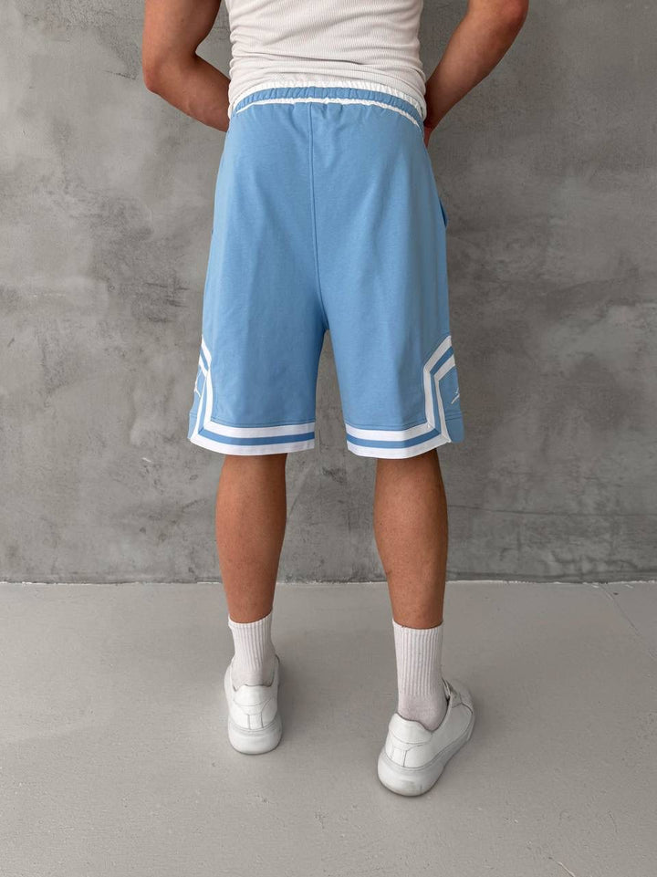 Sky Blue Basketball Shorts – White Geometric Trim