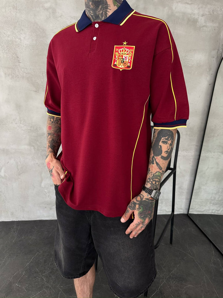 Men’s Spain-Inspired Retro Football Polo Shirt – Burgundy/Navy
