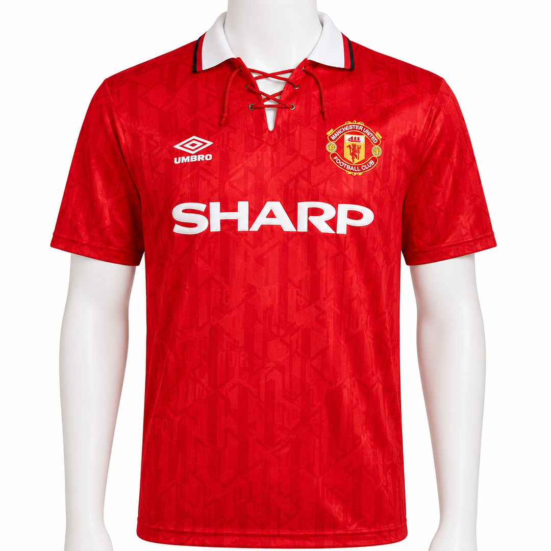 Manchester United Classic 1992 94 Retro Jersey - red Umbro home shirt with lace-up collar - front