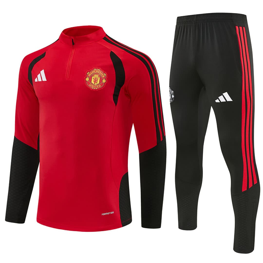 Manchester United Red Training Tracksuit 2027 - front view with 3-stripe pants