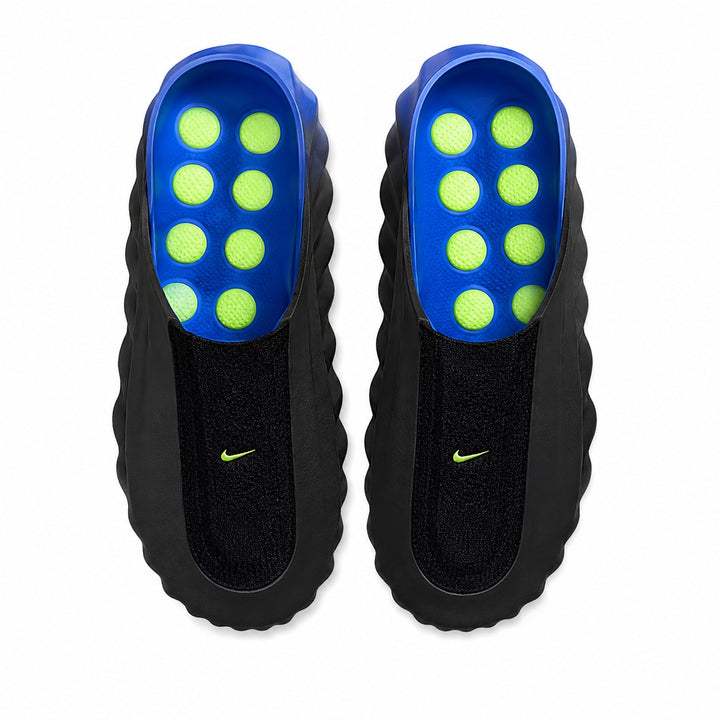 Nike Mind 001 Flyknit Slide Hyper Royal Black footbed with Volt sensory nodes