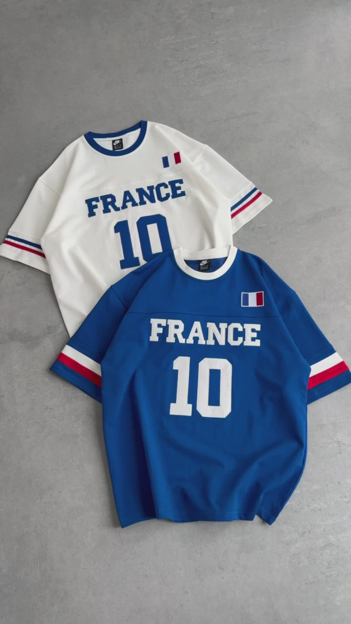 France-Inspired 10 Oversized Jersey Tee – White/Blue